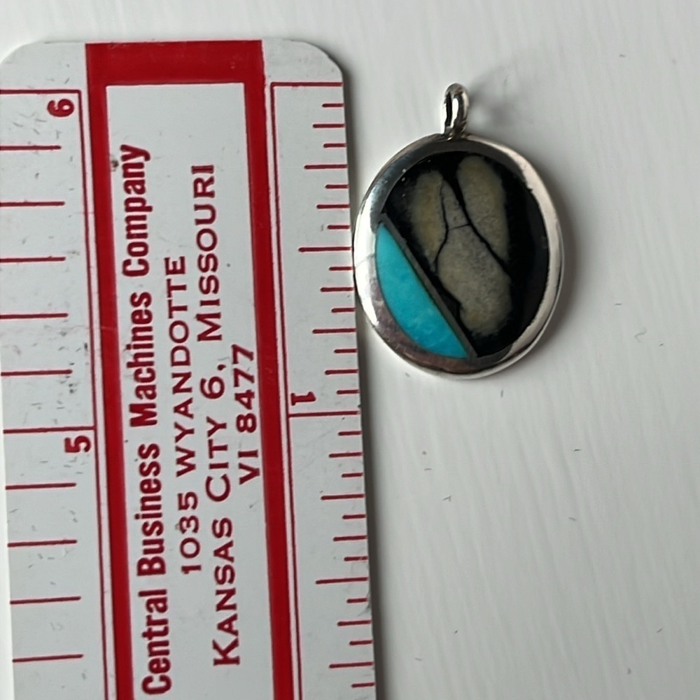 Vintage Zuni Sterling Silver Native American Turquoise Inlay Pendant - Picture 6 of 10